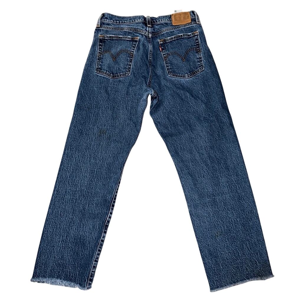 UEC LEVI’S PREMIUM WEDGIE STRAIGHT DENIM BLUE JEANS DARK WASH RAW HEM SZ 28x26